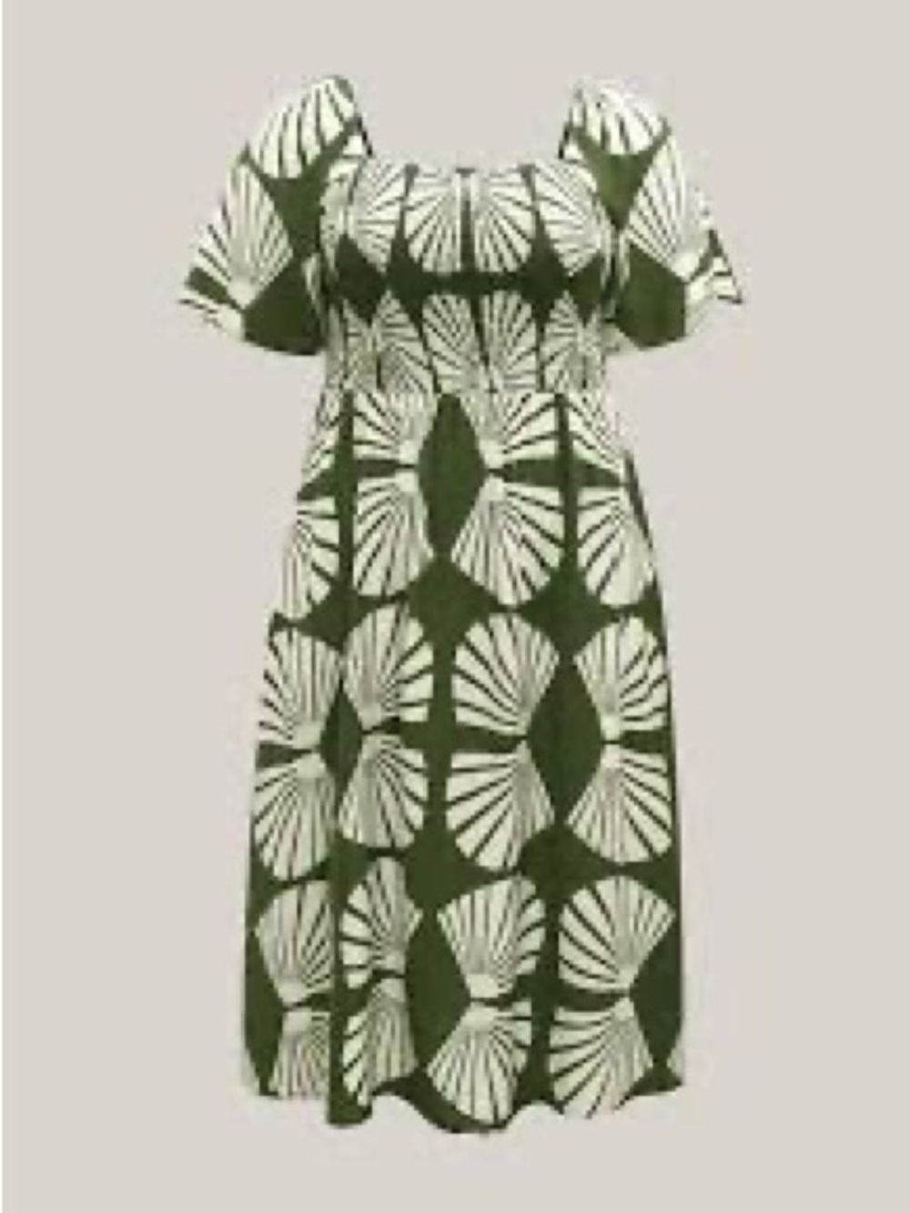 BloomChic Olive & White Geometric Puff Sleeve Midi Dress